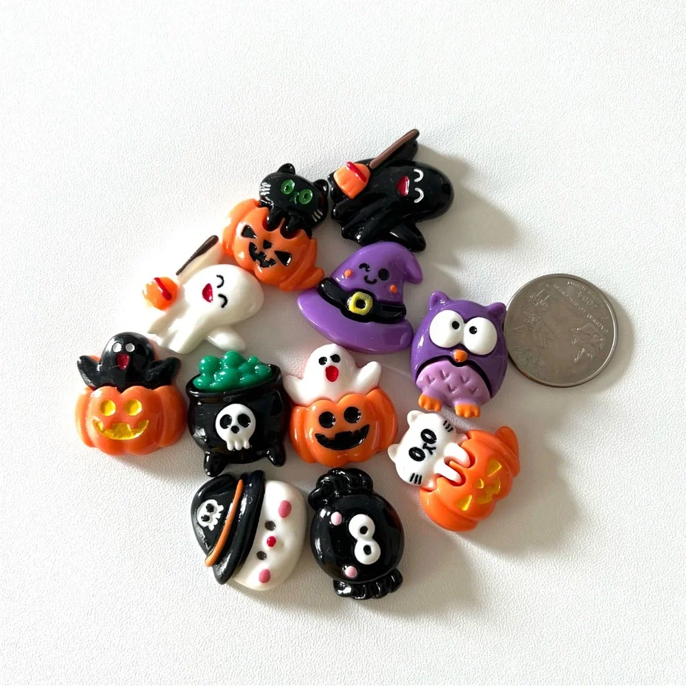 11 Pc Halloween Flat Back Charms | Ghost, Pumpkin, Witch & Cat Craft Mix
